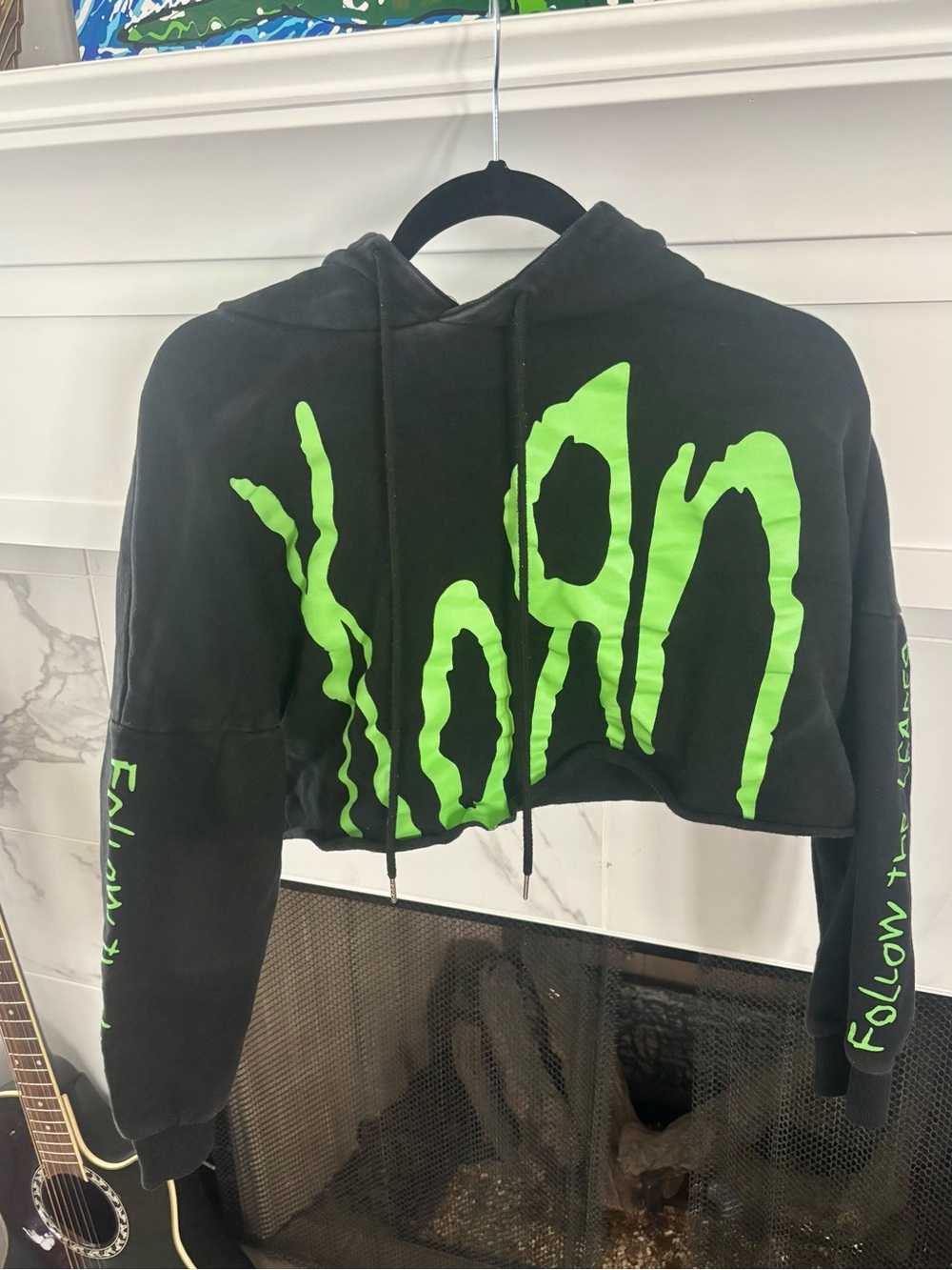Korn Gold Set Merch Follow the Leader Black Cropped Hoodie with Neon Green